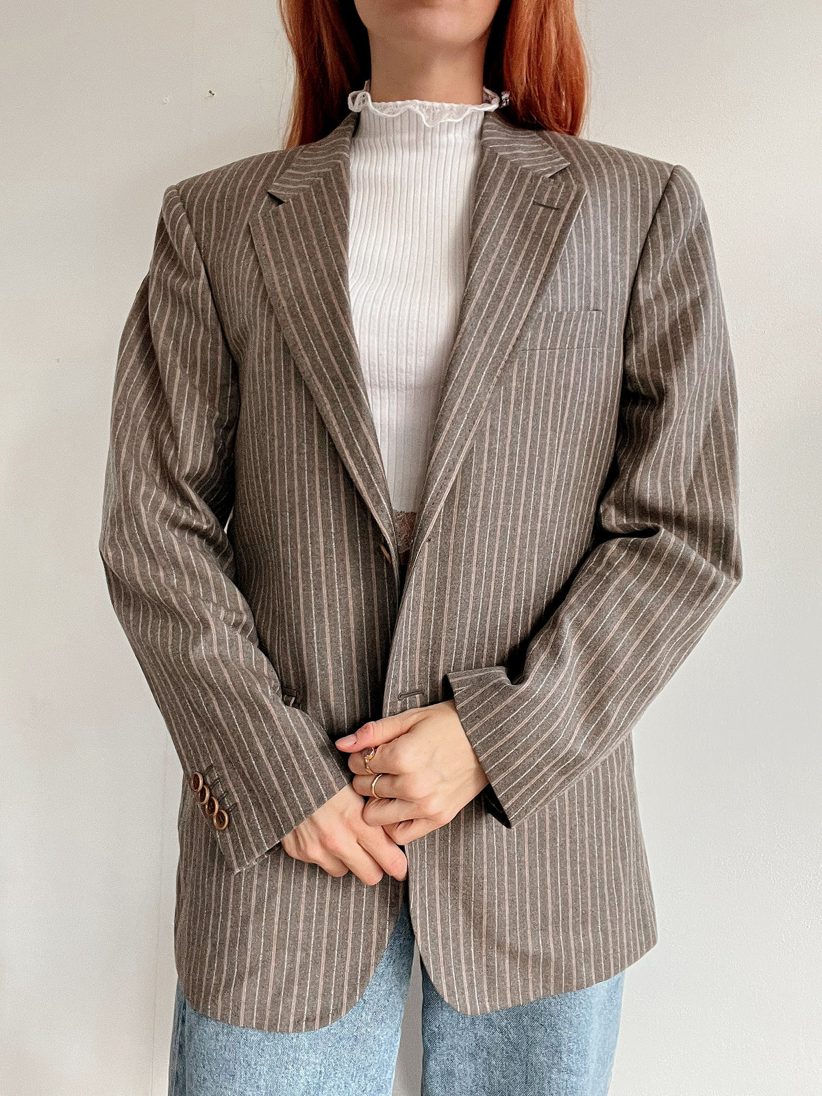 Veste blazer épaisse vintage taupe lignée M/L