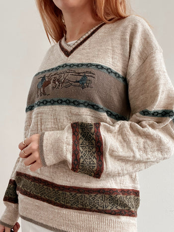 Pull vintage en laine beige à motifs M/L