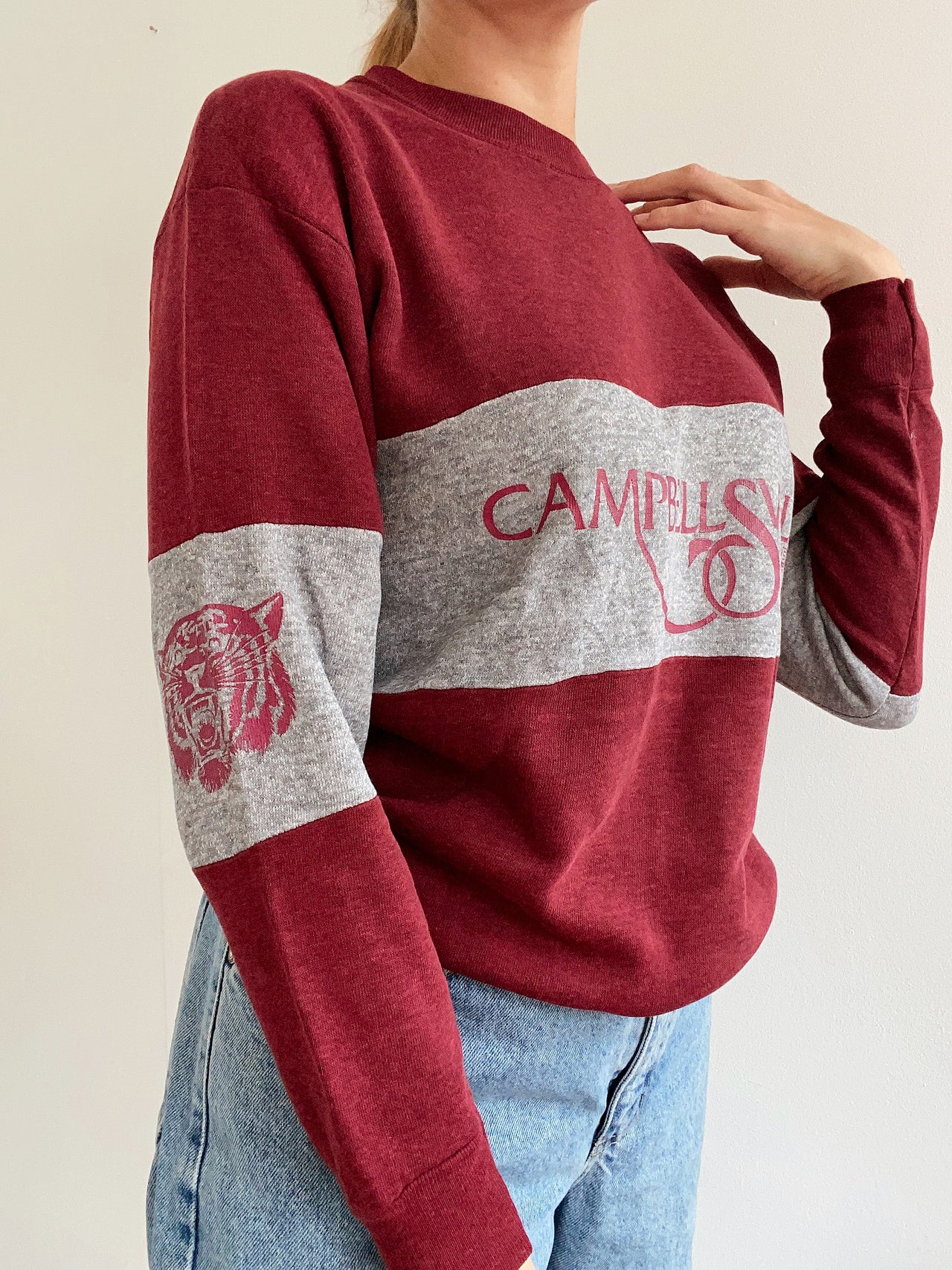 Pull vintage américain bordeaux et gris S