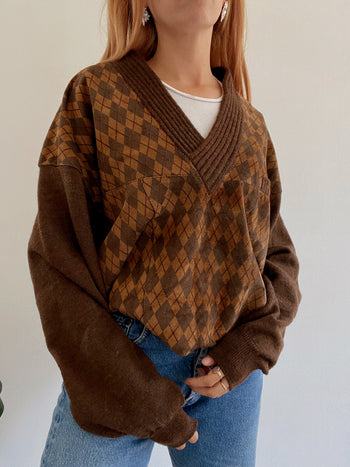 Pull vintage en laine et daim marron