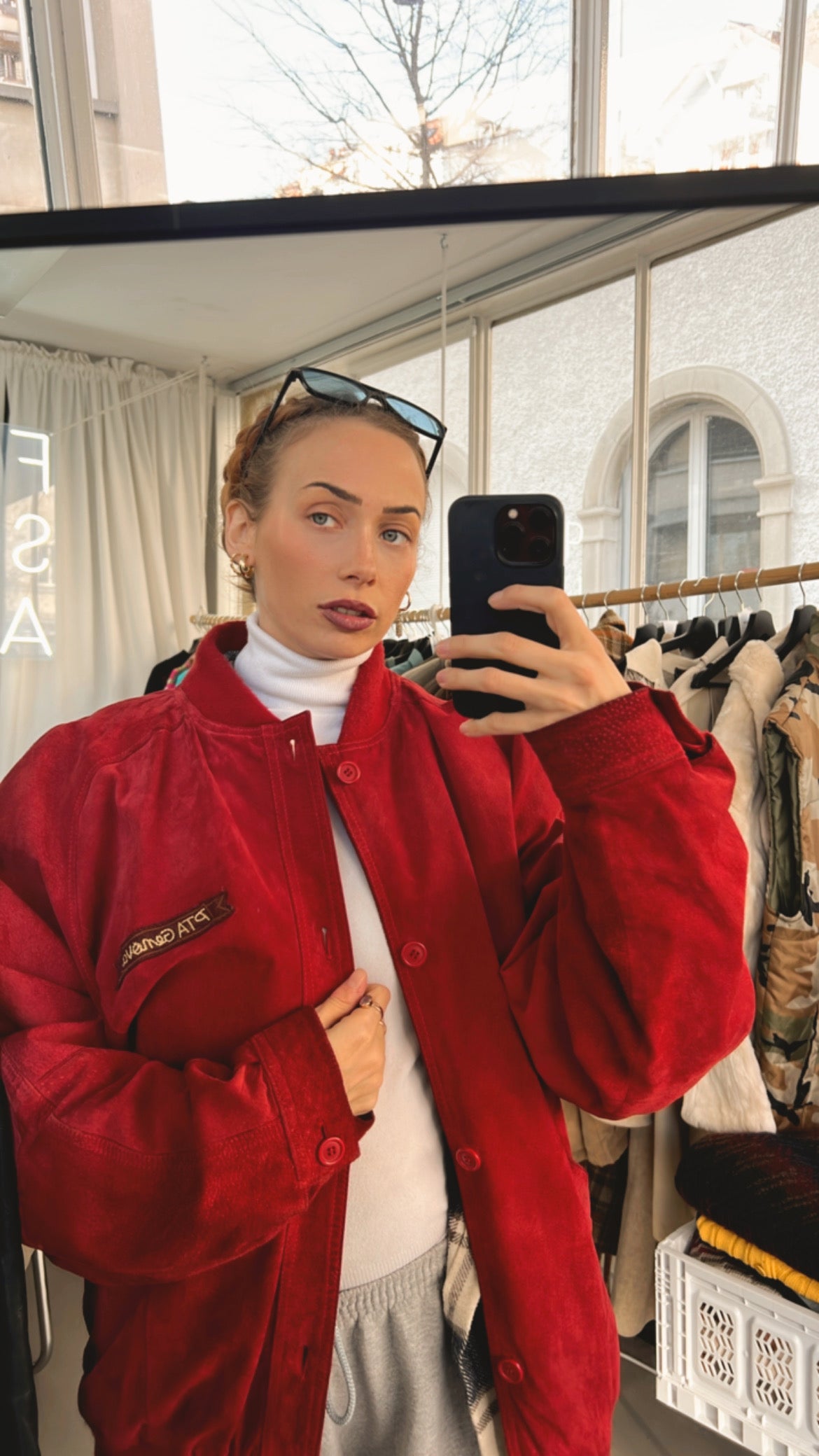 Bomber vintage américaine rouge en daim L/XL