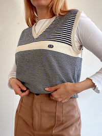 Gilet vintage sans manche bleu et blanc cassé rayé