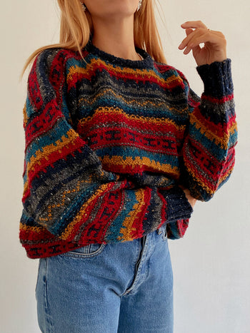 Pull vintage en laine multicolore