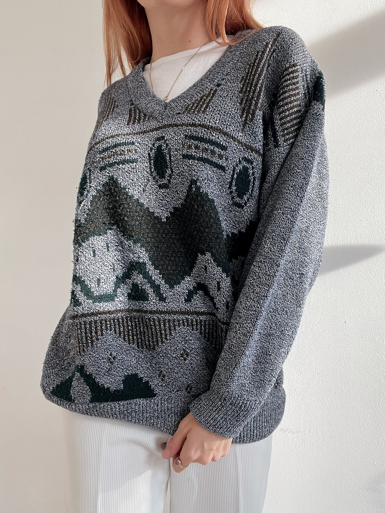 Pull vintage en maille  gris foncé L