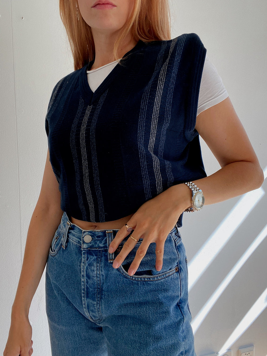 Gilet vintage sans manche en laine bleu foncé