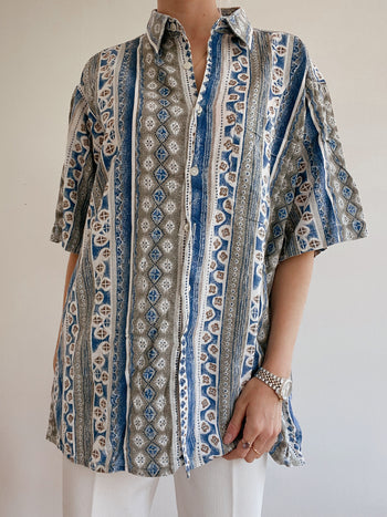 Chemise Vintage 80/90s à motifs bleu gris khaki