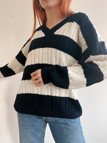 Pull vintage en maille  bleu foncé et blanc M