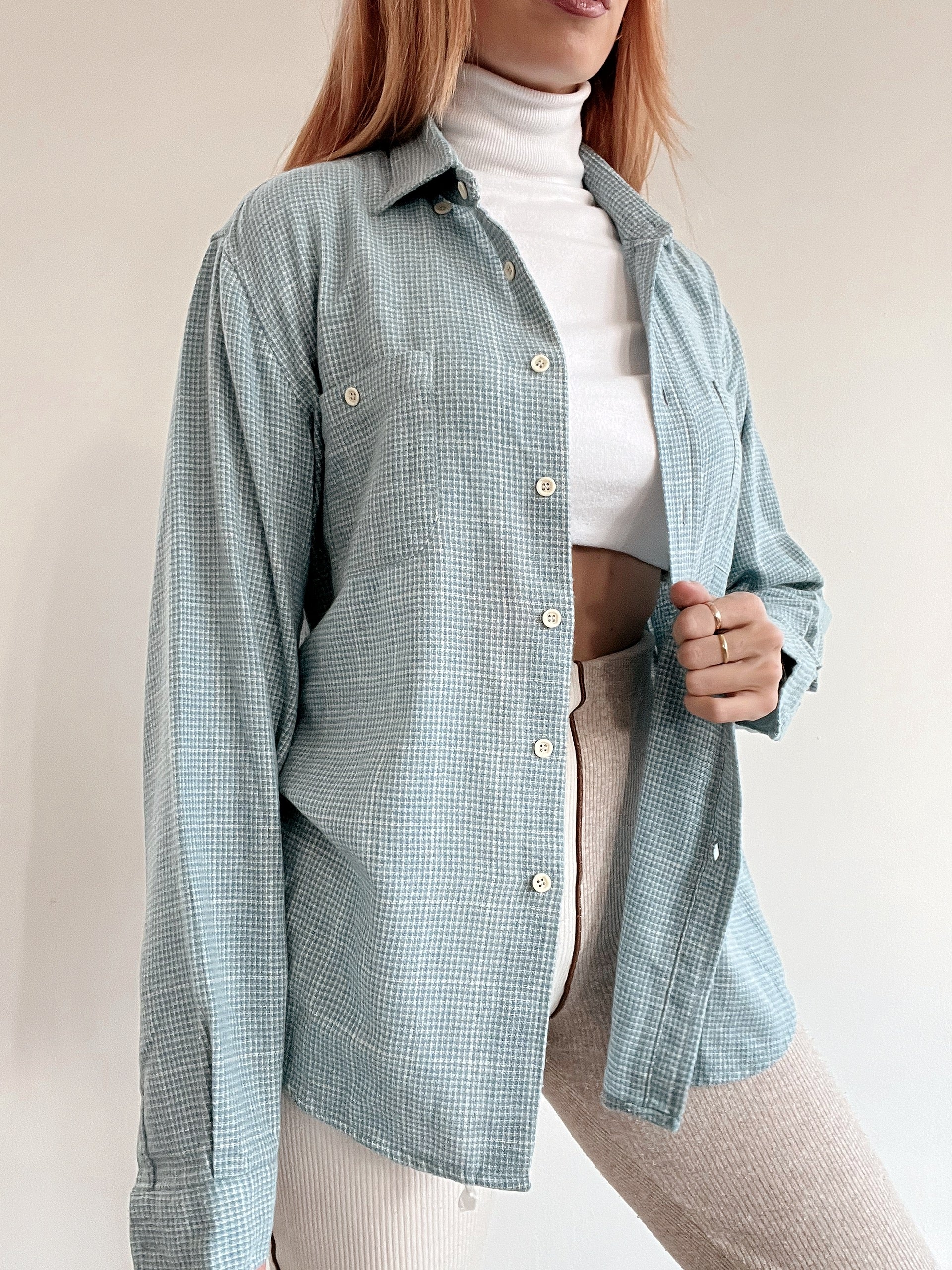 Chemise vintage en laine bleue clair/turquoise  à carreaux M/L