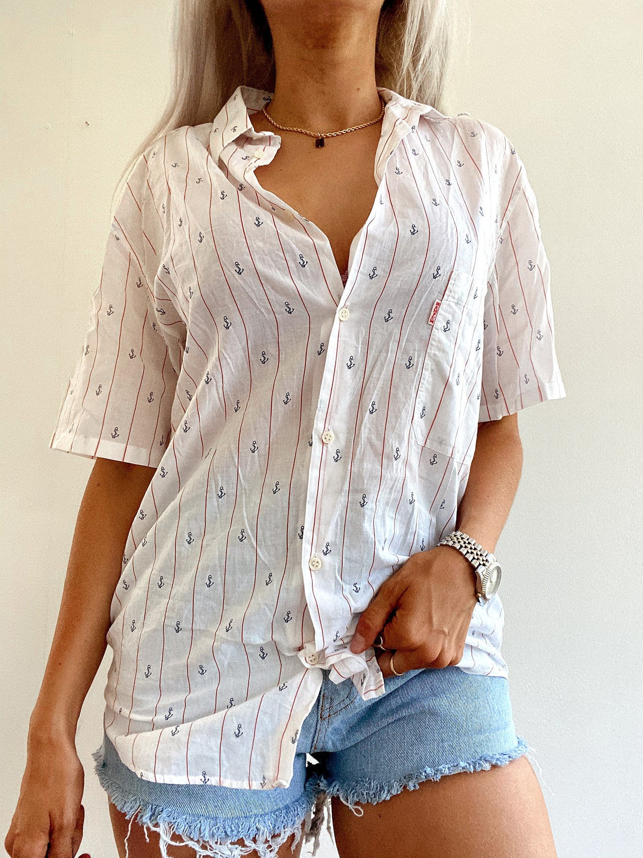 Chemise Vintage 80/90s blanche avec petites ancres bleues