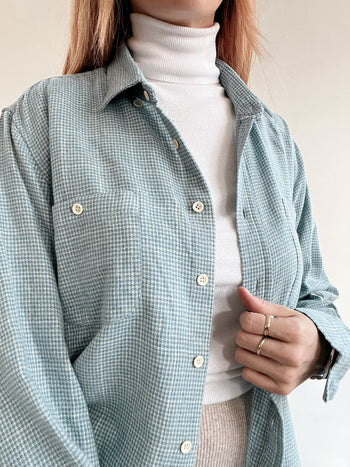 Chemise vintage en laine bleue clair/turquoise  à carreaux M/L