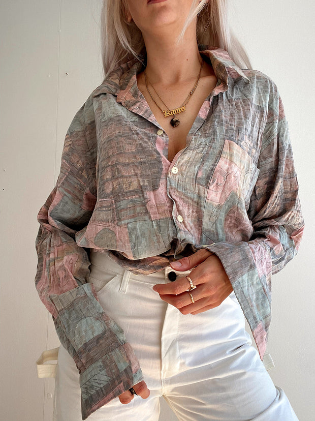 Chemise Vintage 80/90s rose pâle à motifs