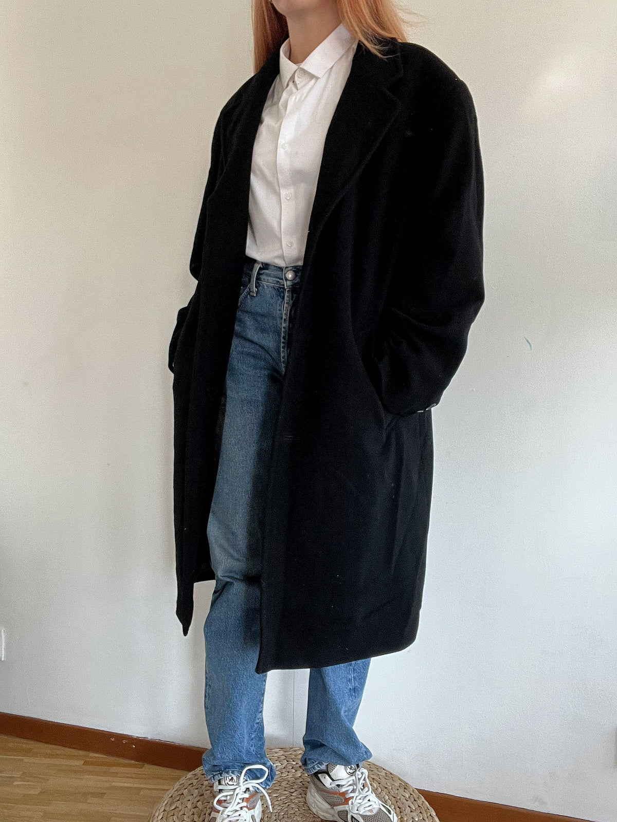 Schwarzer Vintage Wollmantel L