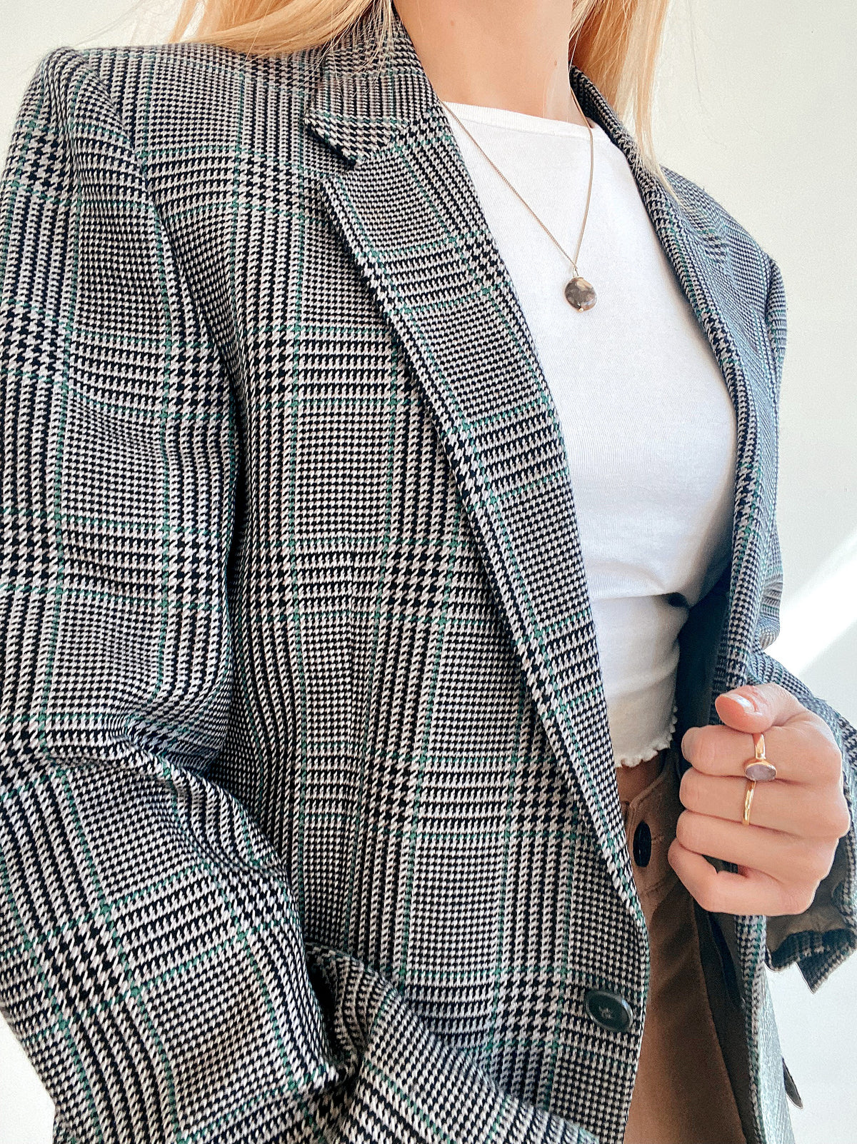 Veste Blazer oversized vintage pied de poule gris, noir et vert