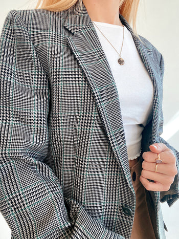 Oversized Black and White Checked Blazer Jacket M/L