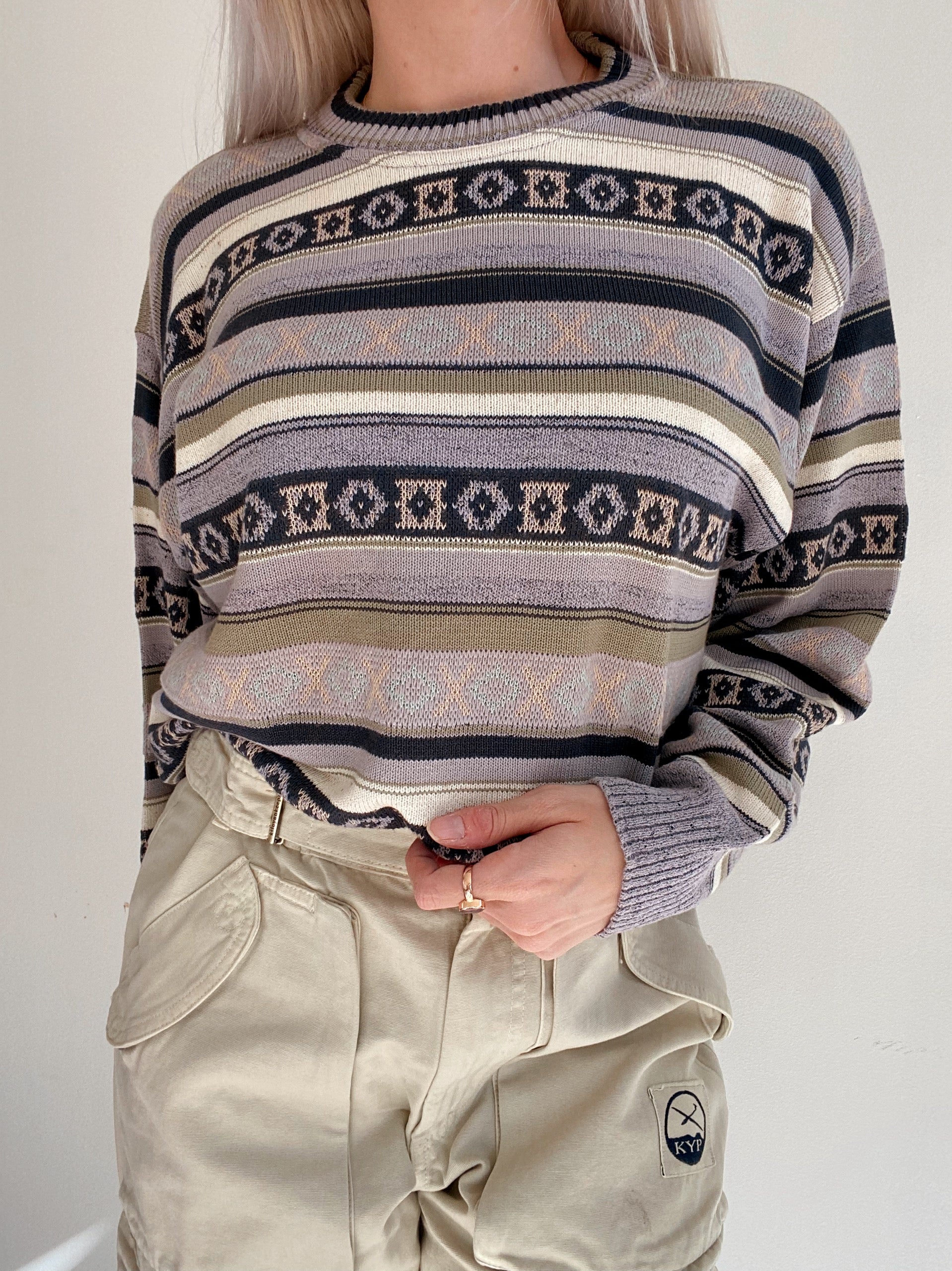 Vintage-Strickpullover in Lila und Khaki