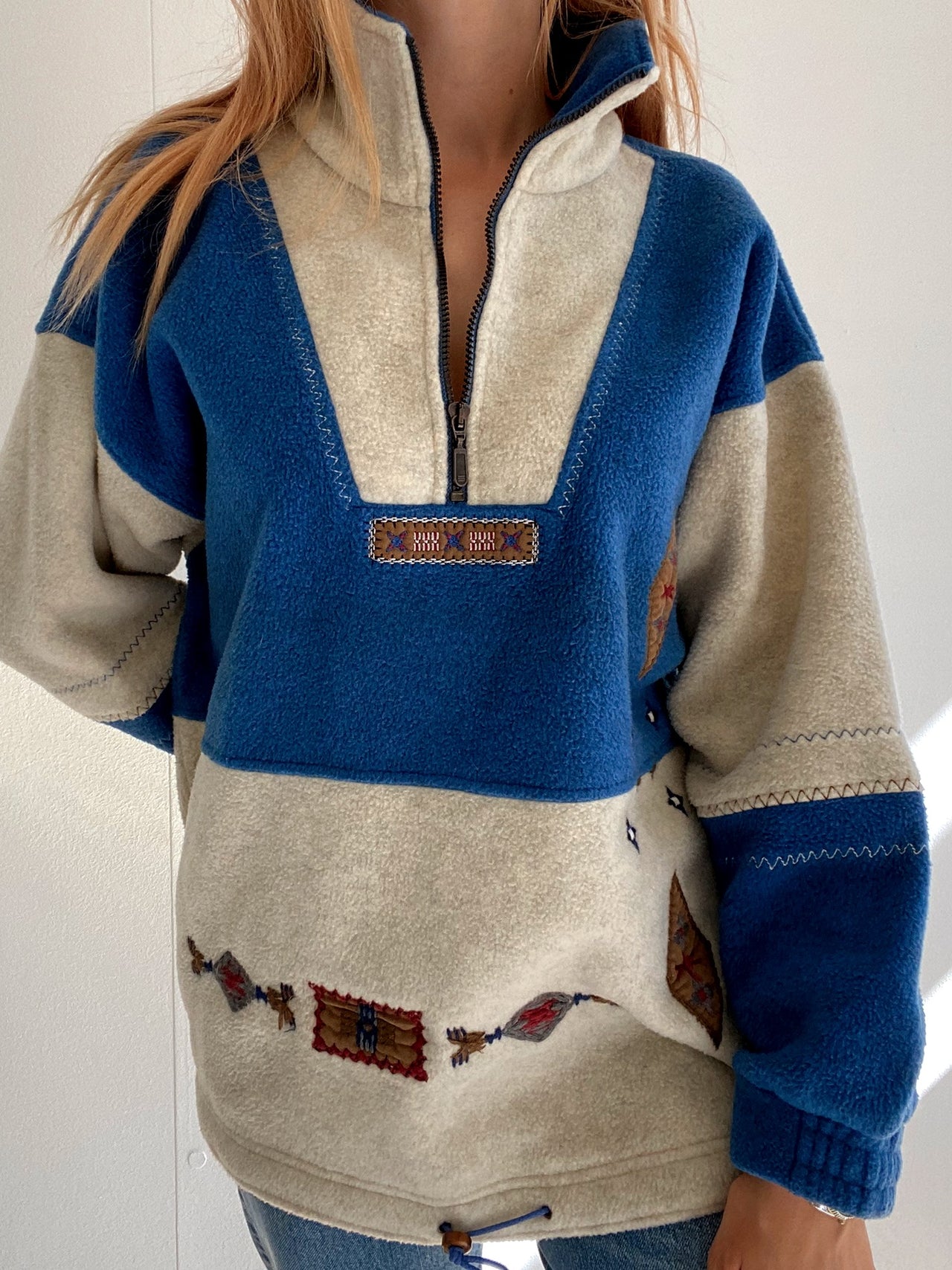 Vintage blauer und beiger Fleecepullover L 