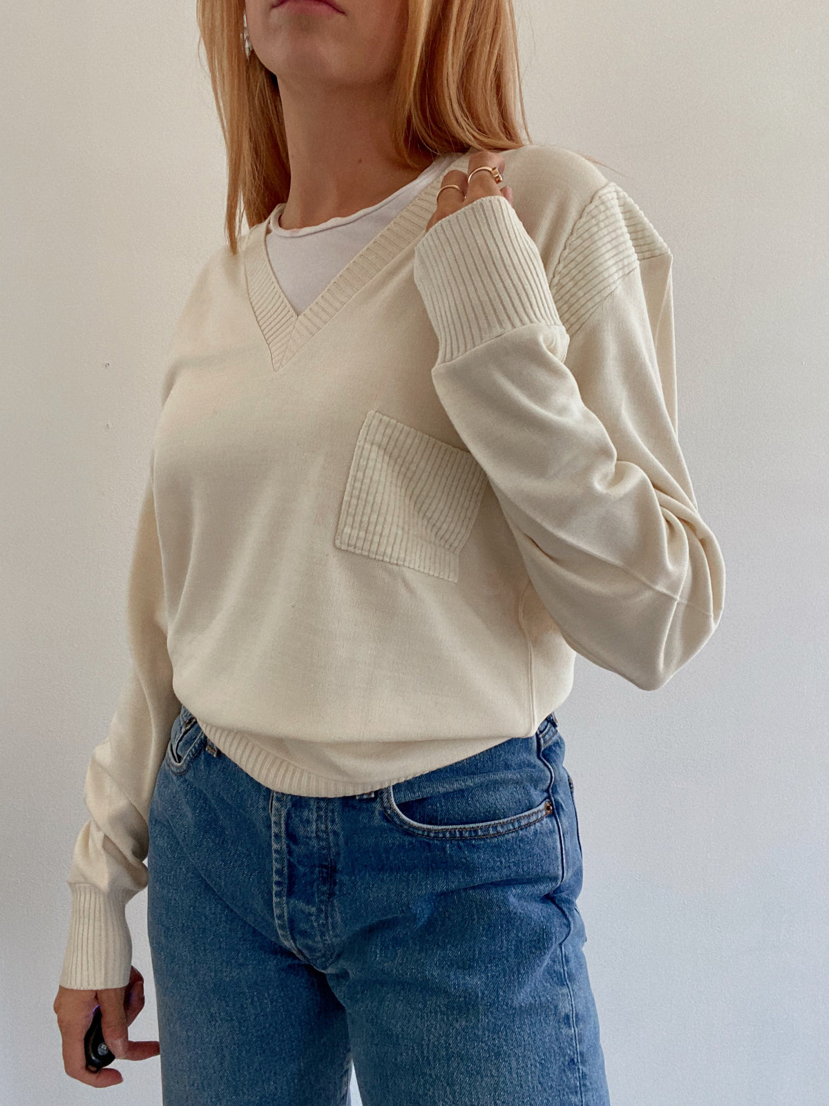 Pull vintage en maille blanc cassé S/M