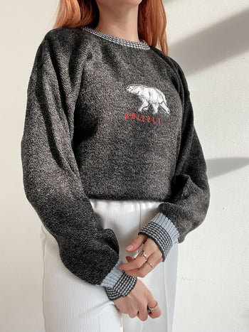 Pull vintage en laine gris foncé ours brodé L