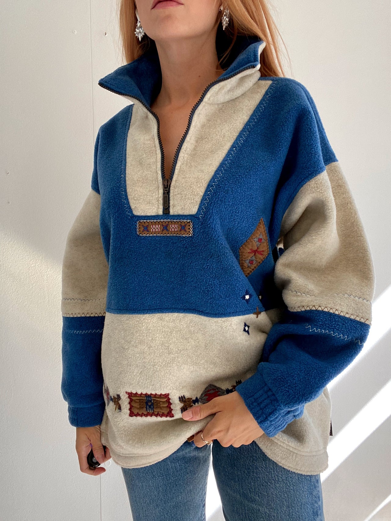 Vintage blauer und beiger Fleecepullover L 