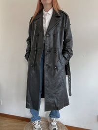 Vintage schwarzer Leder-Trenchcoat L
