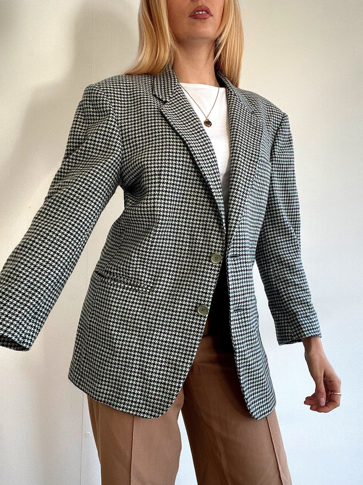 Veste Blazer oversized vintage en laine pied de poule vert et bordeaux