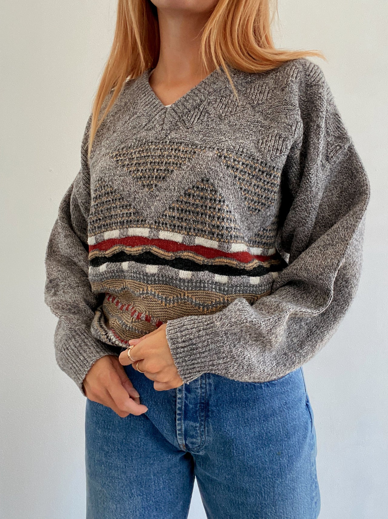 Pull vintage en laine gris clair L