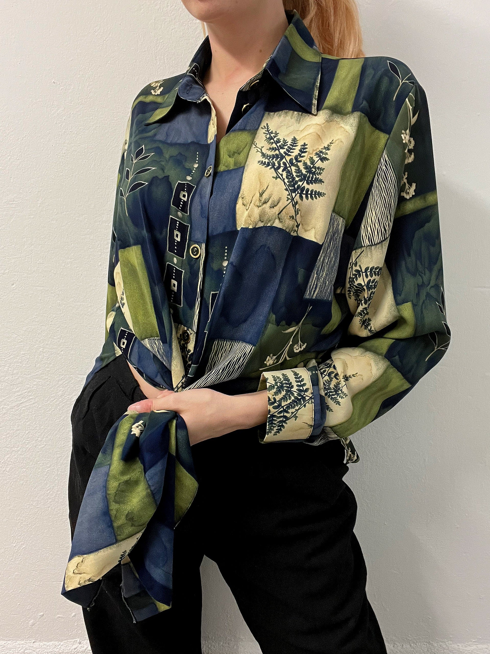 Chemise Vintage 80/90s verte et bleue à motifs L