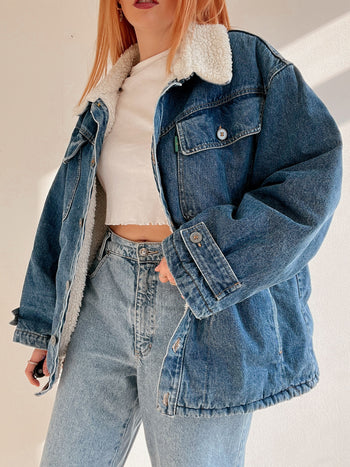 Vintage blaue Jeansjacke mit Schaffell-Innenseite L