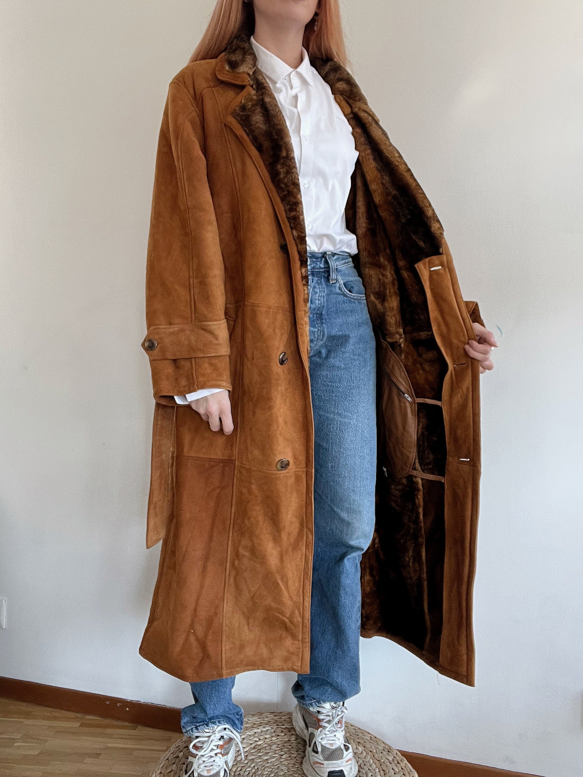 Brauner Wildleder-Lammfellmantel M/L 