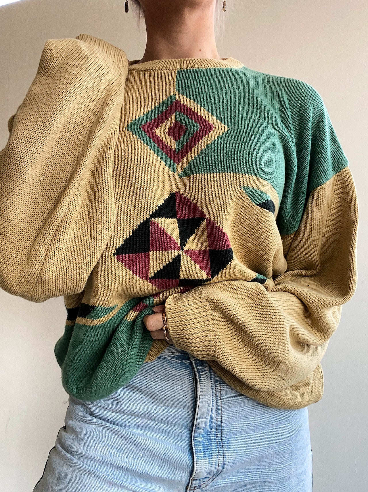 Pull vintage en maille jaune et vert