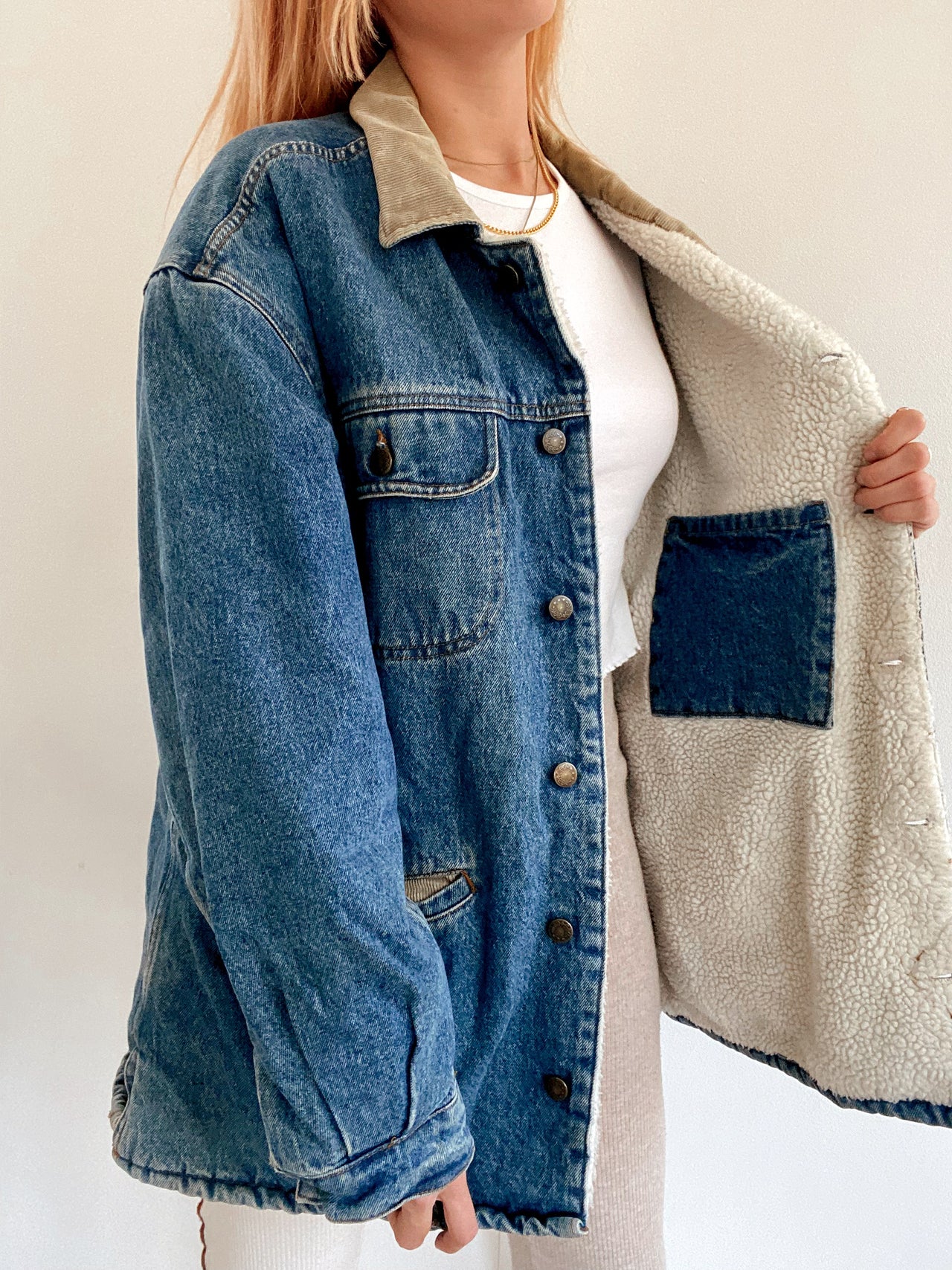 Veste en jeans vintage mi-longue oversized intérieur mouton M/L