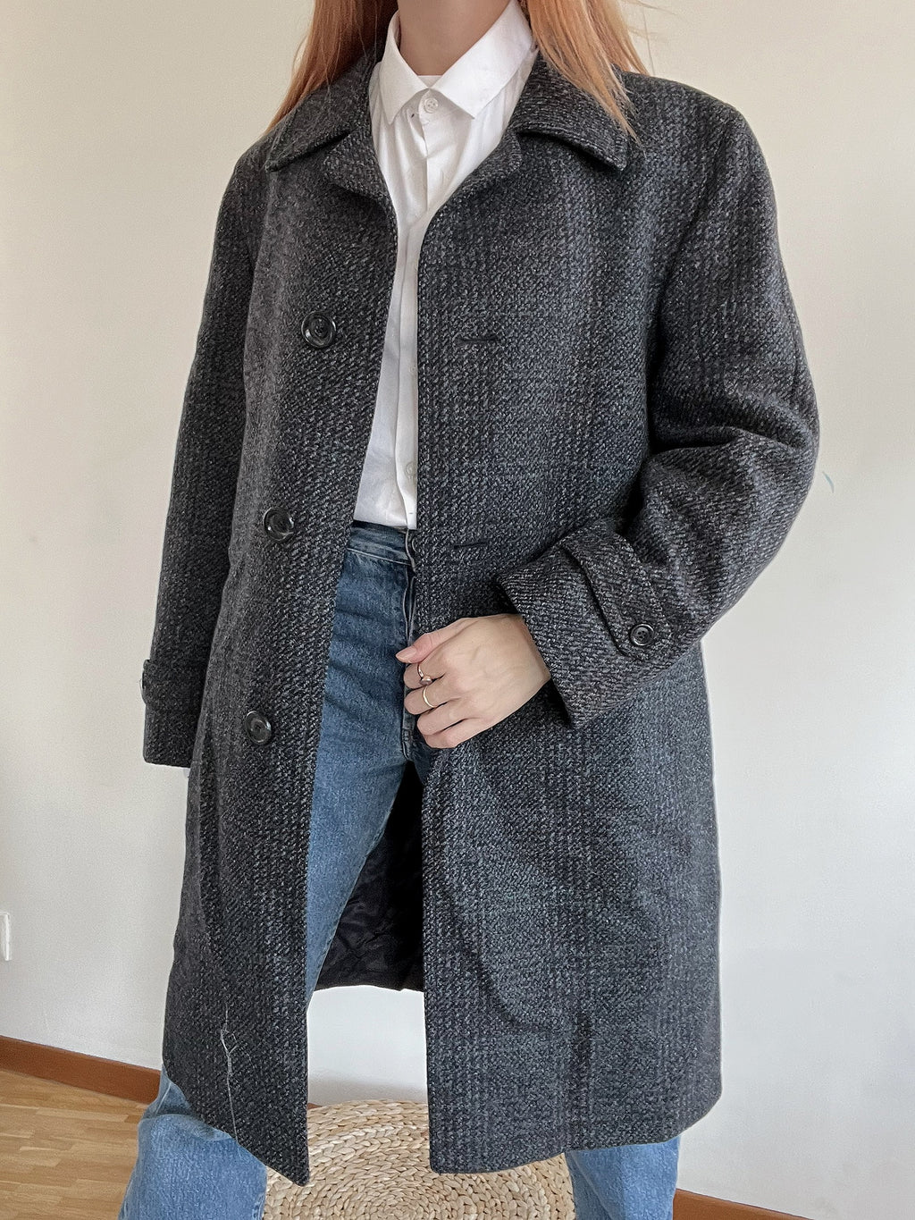 Grauer Vintage-Wollmantel M/L