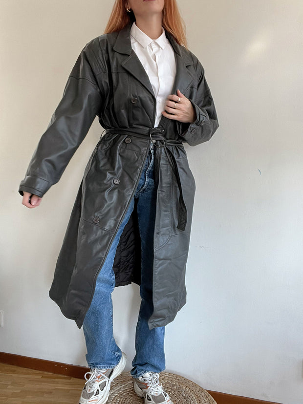 Trench coat gris vintage en cuir L