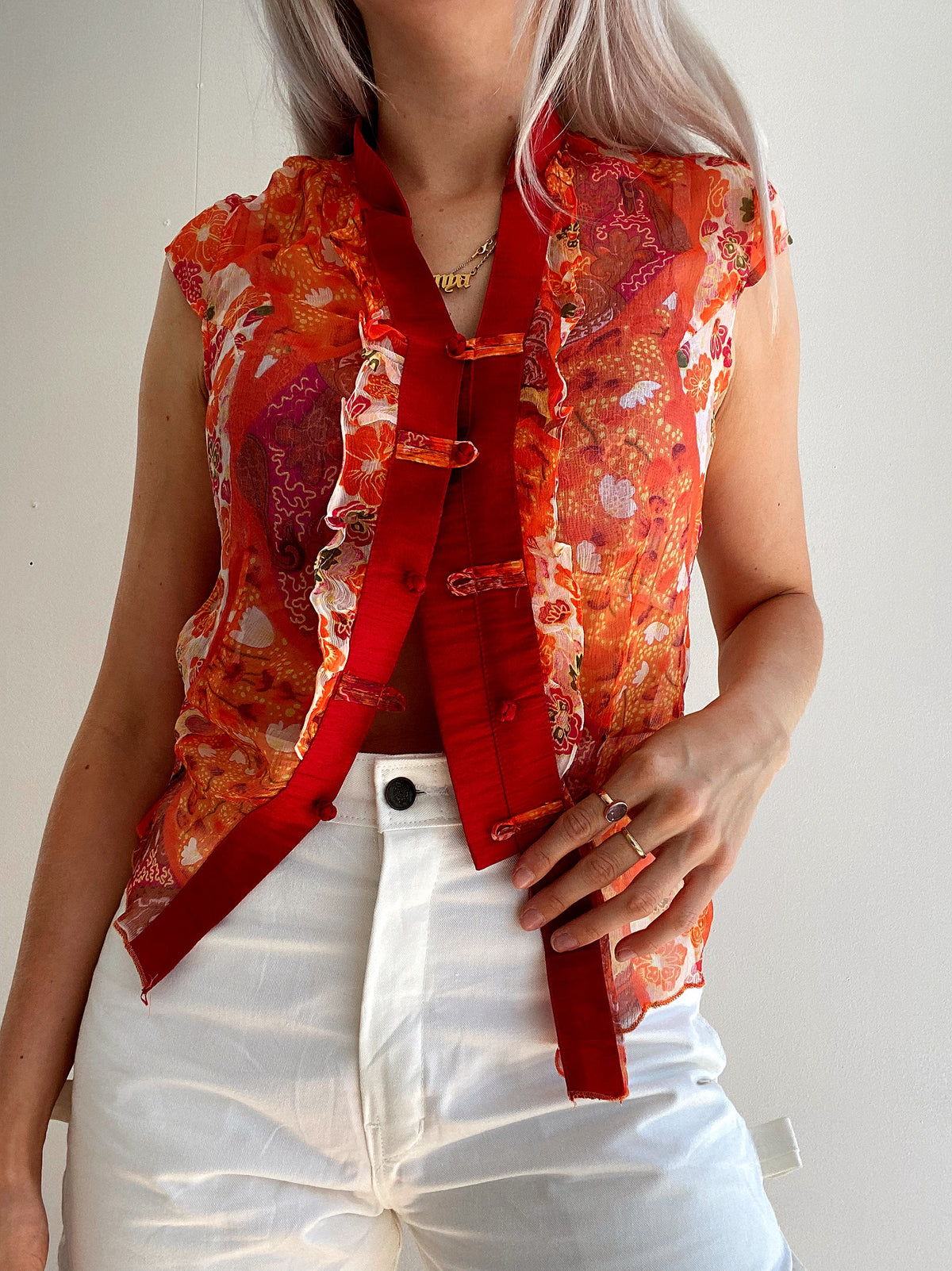 Vintage 80/90er Jahre transparentes orangefarbenes Seidentop XS