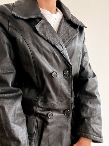 Manteau avec double boutonnage en cuir noir M/L