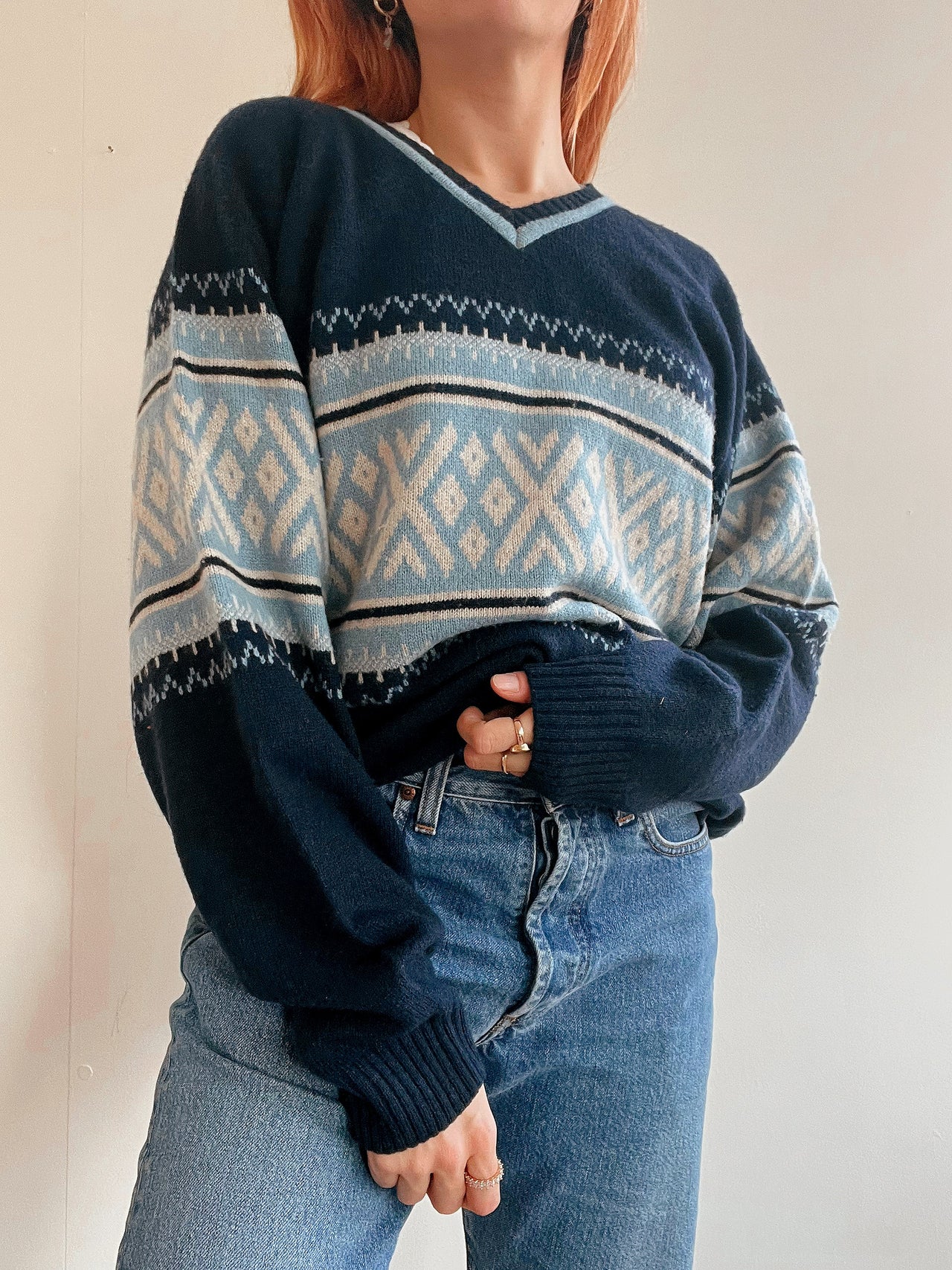 Pull vintage en laine  bleu foncé et bleu clair L