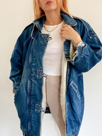 Veste en jeans vintage mi-longue oversized intérieur mouton M