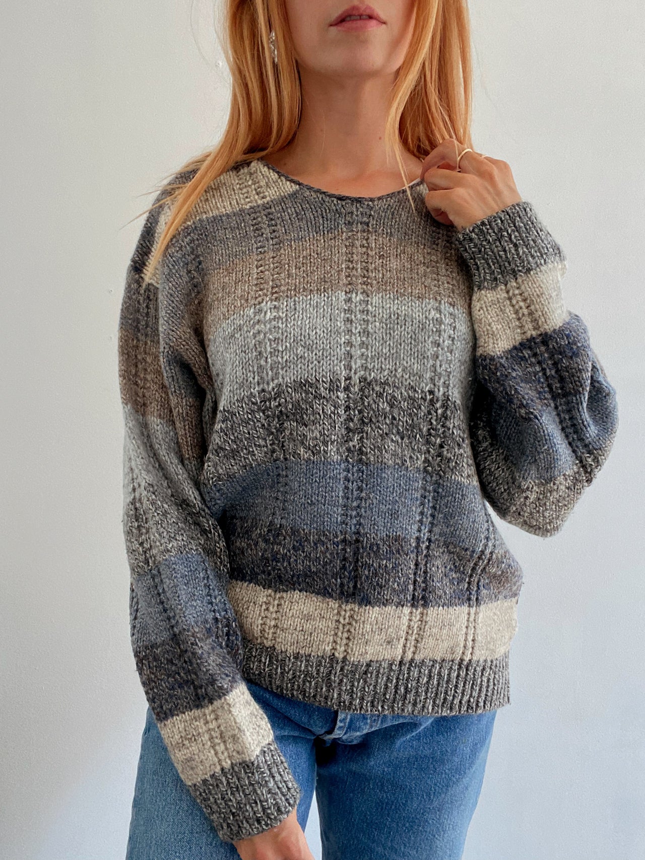 Pull vintage en laine Gris/beige  L