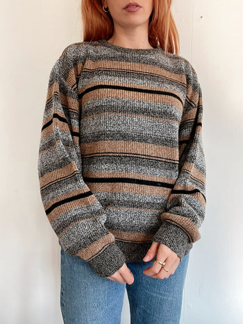 Pull vintage en laine gris et beige L