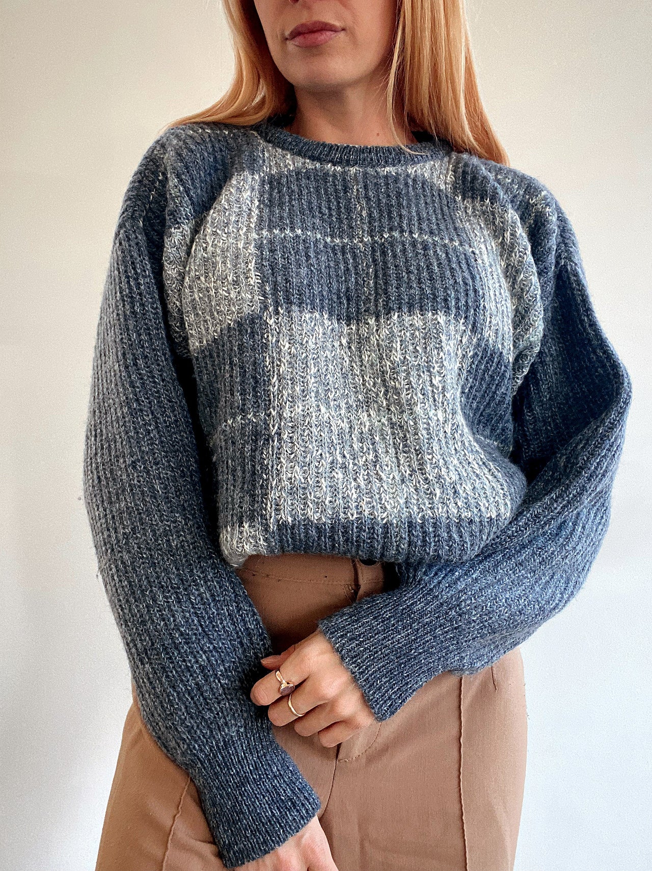 Pull vintage en pure laine Gris/bleu M