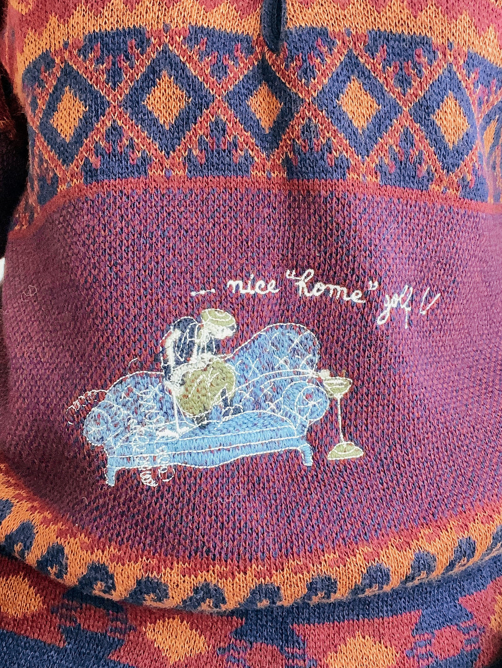 Blue knit turtleneck sweater with beige patterns M