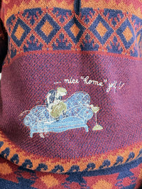 Blue knit turtleneck sweater with beige patterns M