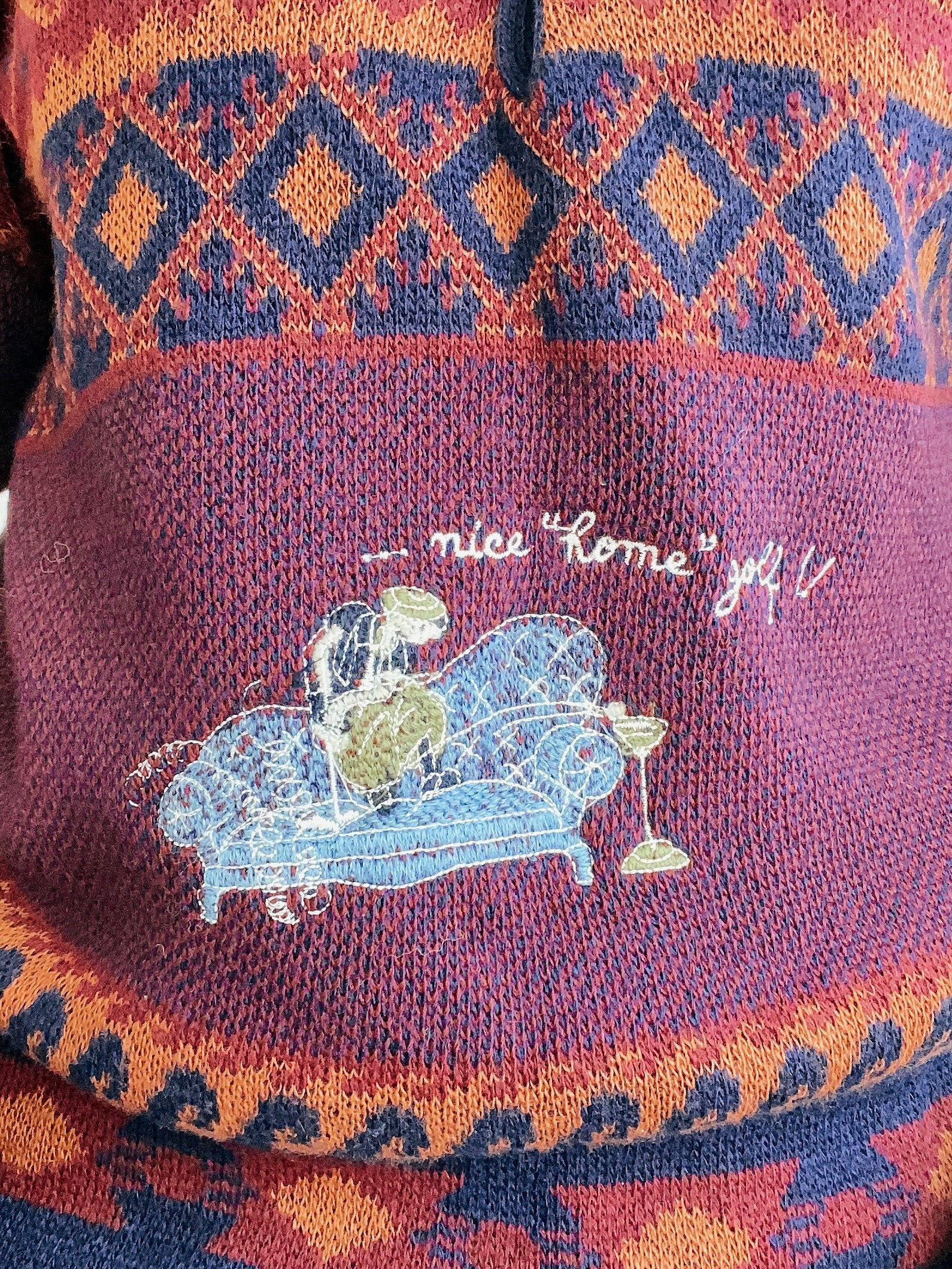 Blue knit turtleneck sweater with beige patterns M