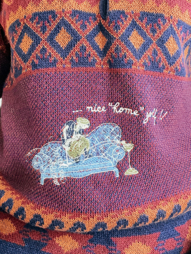 Weinroter Vintage-Wollpullover mit Stickerei auf der Vorderseite