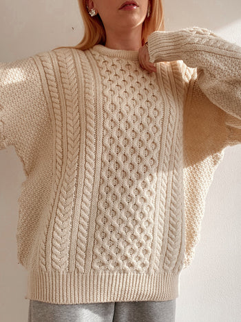 Pull vintage en laine blanc cassé XL