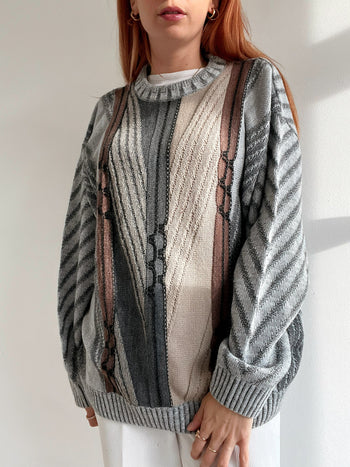 Pull vintage en laine gris et beige  M