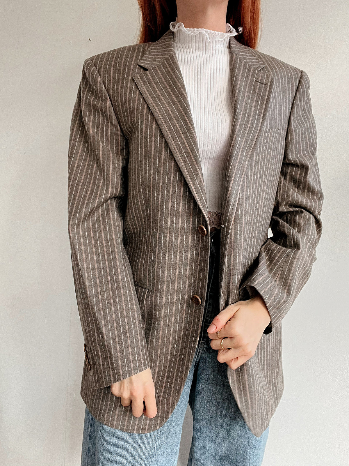 Veste blazer épaisse vintage taupe lignée M/L
