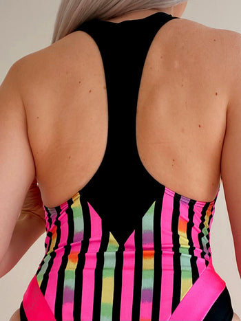 Vintage one-piece swimsuit blue black with neon pink stripes M/L