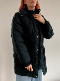 Vintage schwarze Daunenjacke mit Kapuze L 