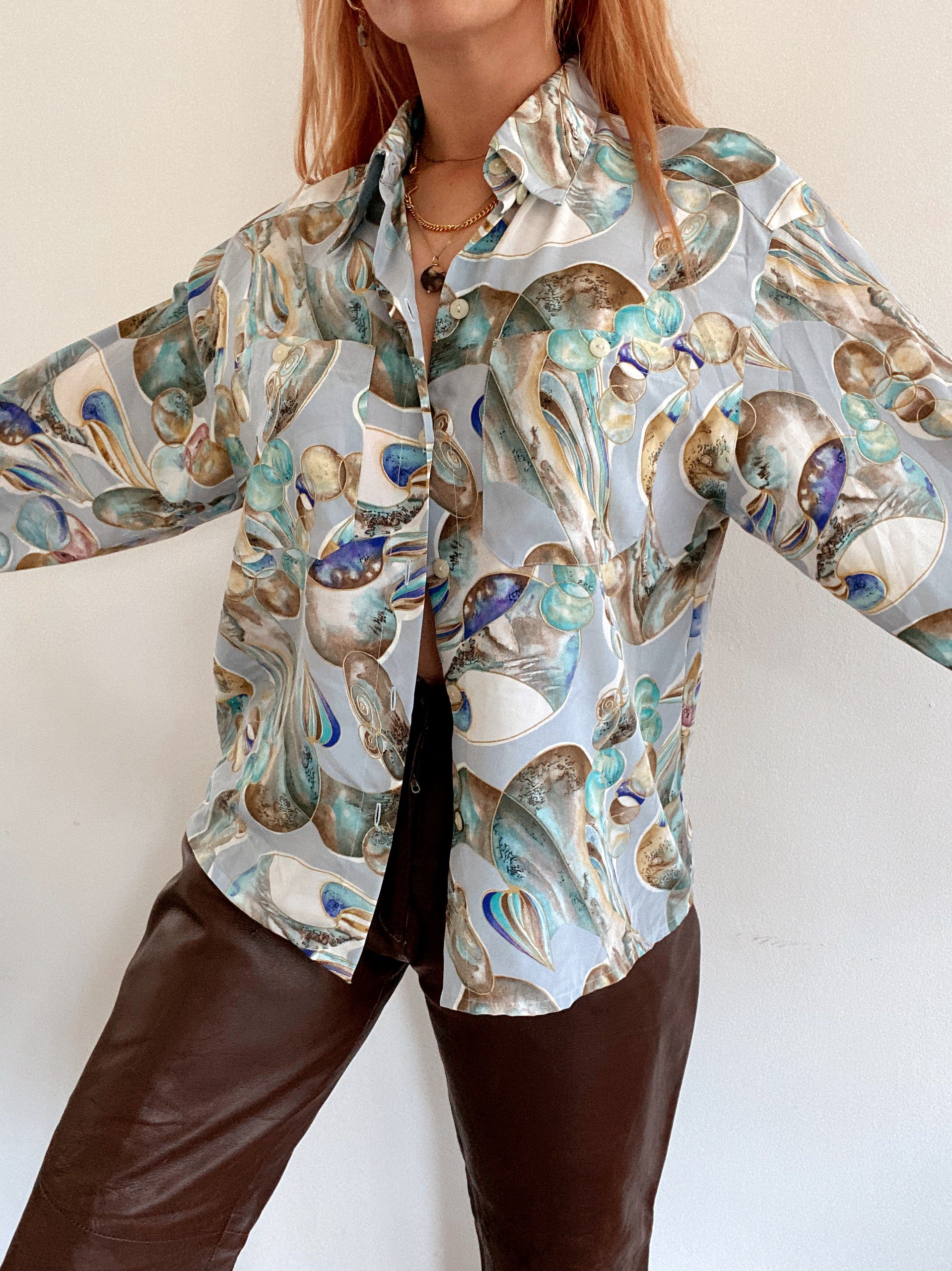 Chemise Vintage 80/90s à motifs beige et bleue S